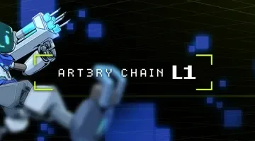 A blue and silver robotic character is posed strikingly against a dark background with abstract shapes.